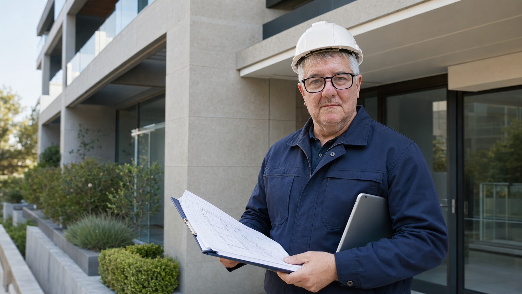 Miguel, técnico de Micar Certifica, revisando documentación de una inspección de edificio