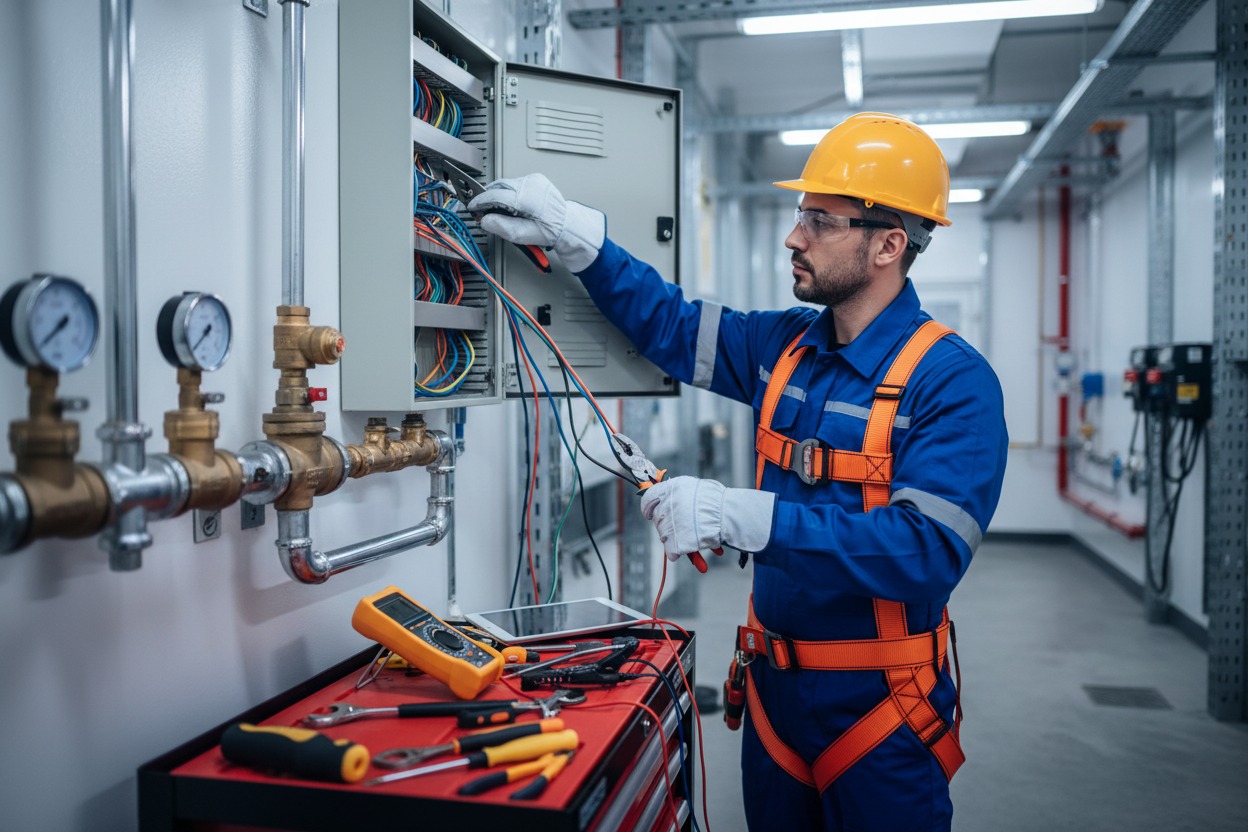 Un electricista con casco y equipo de seguridad trabaja en un panel eléctrico industrial mientras utiliza herramientas manuales.